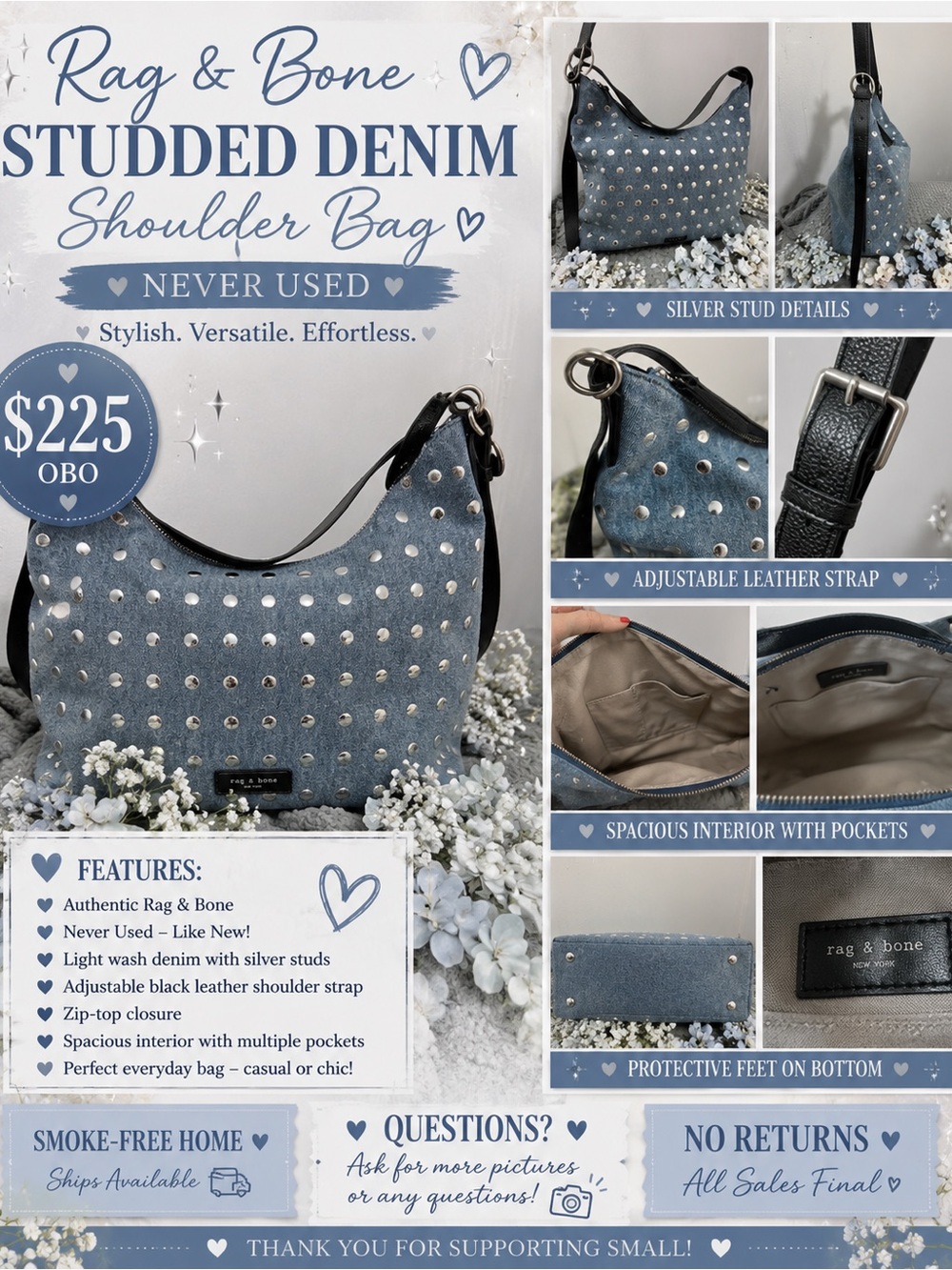 rag & bone Light Wash Denim Shoulder Bag with Silver Studs